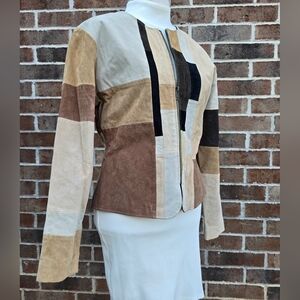 Vintage Karen Arnold Patchwork Suede Leather Jacket Neutral Colorblock